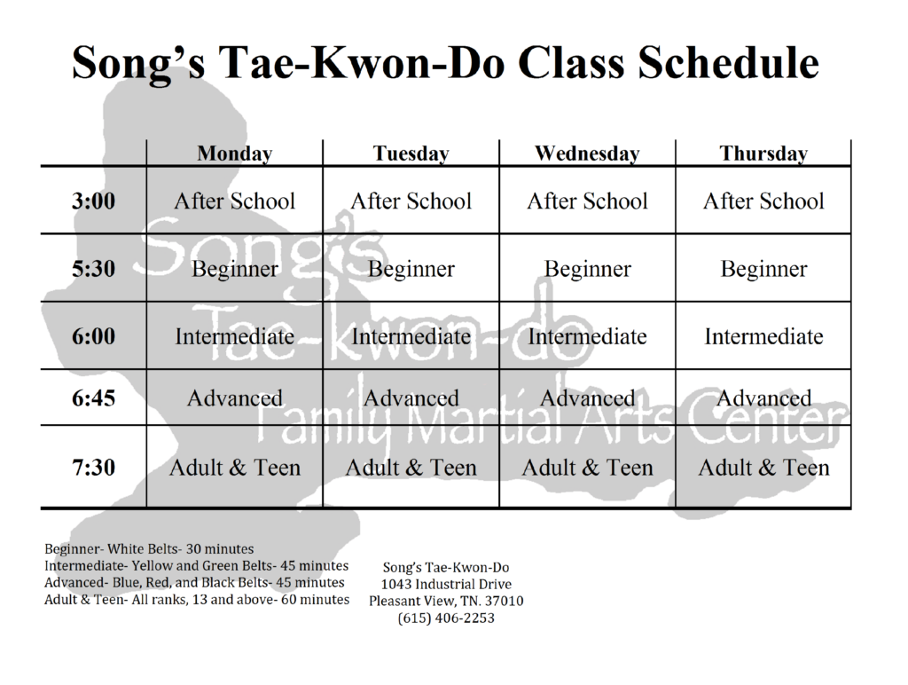 Schedule of classes for our Pleasant View location.